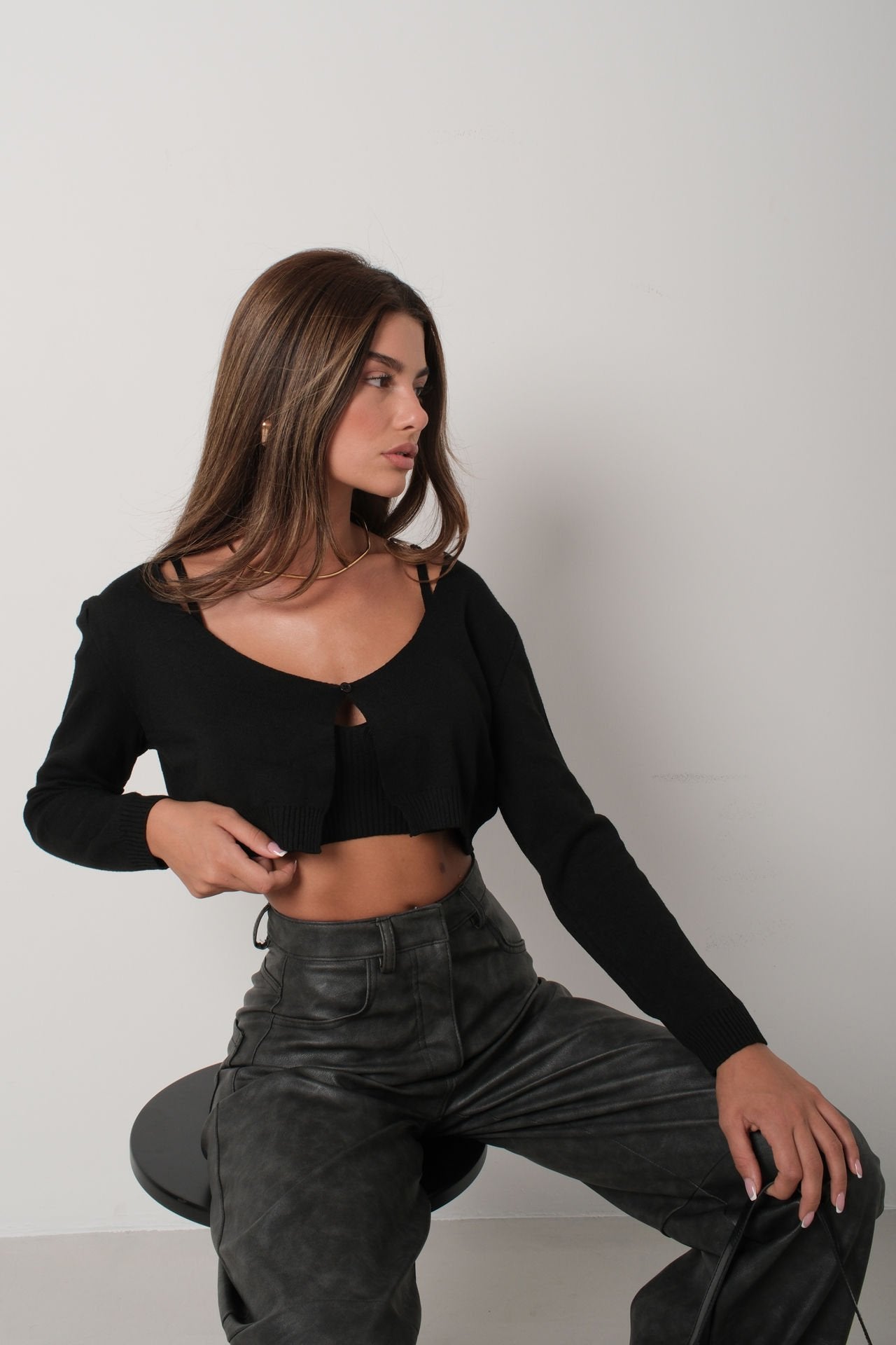 Strap-Detail Black Knitwear Cardigan Top