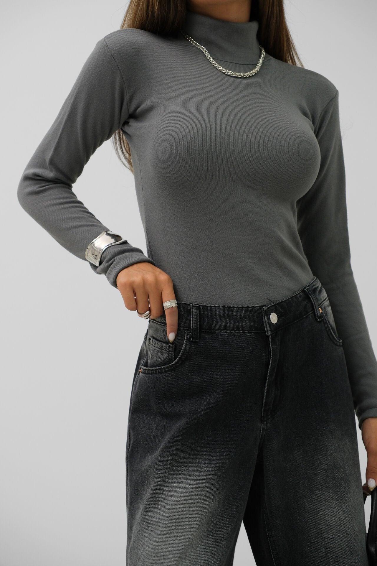 Turtleneck Gray Knitwear Blouse