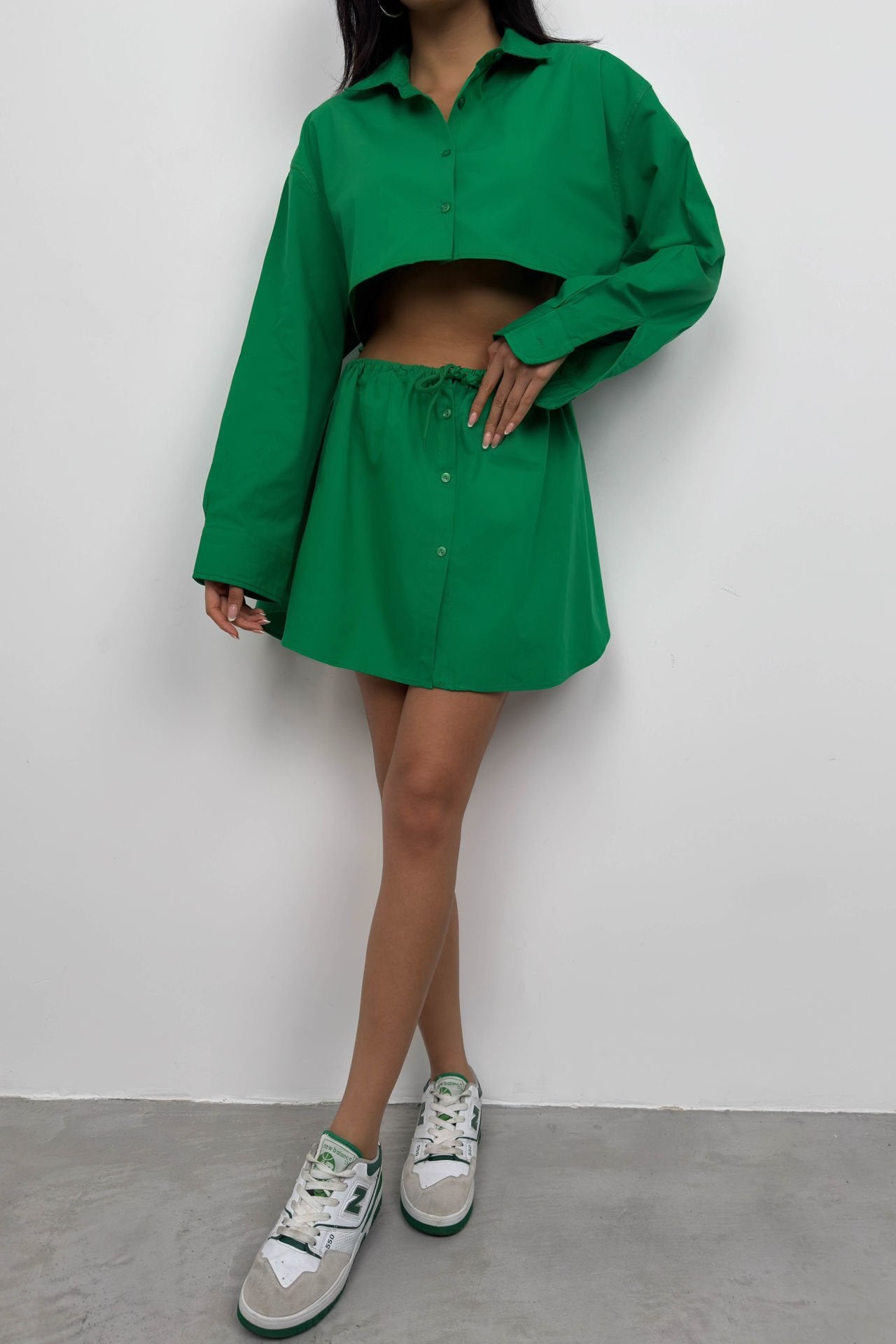 Elastic Waist Buttoned Green Mini Skirt