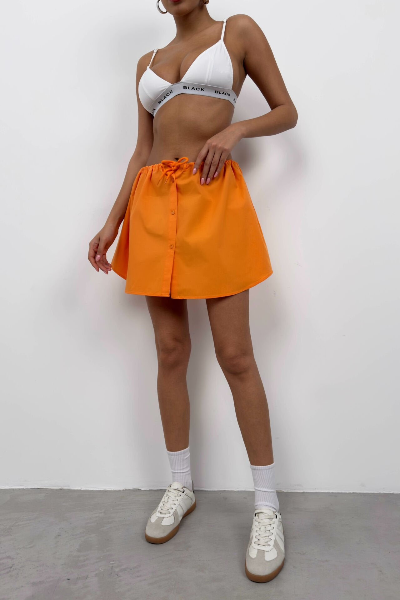 Elastic Waist Buttoned Orange Mini Skirt