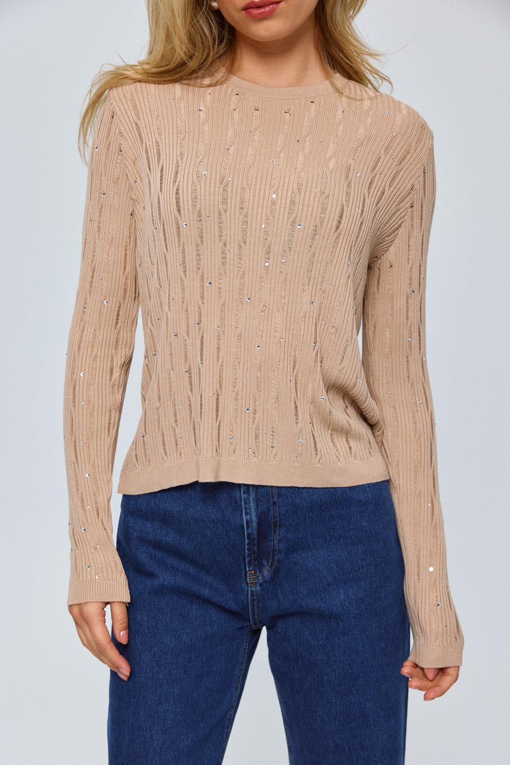 Beige Openwork Knit Blouse