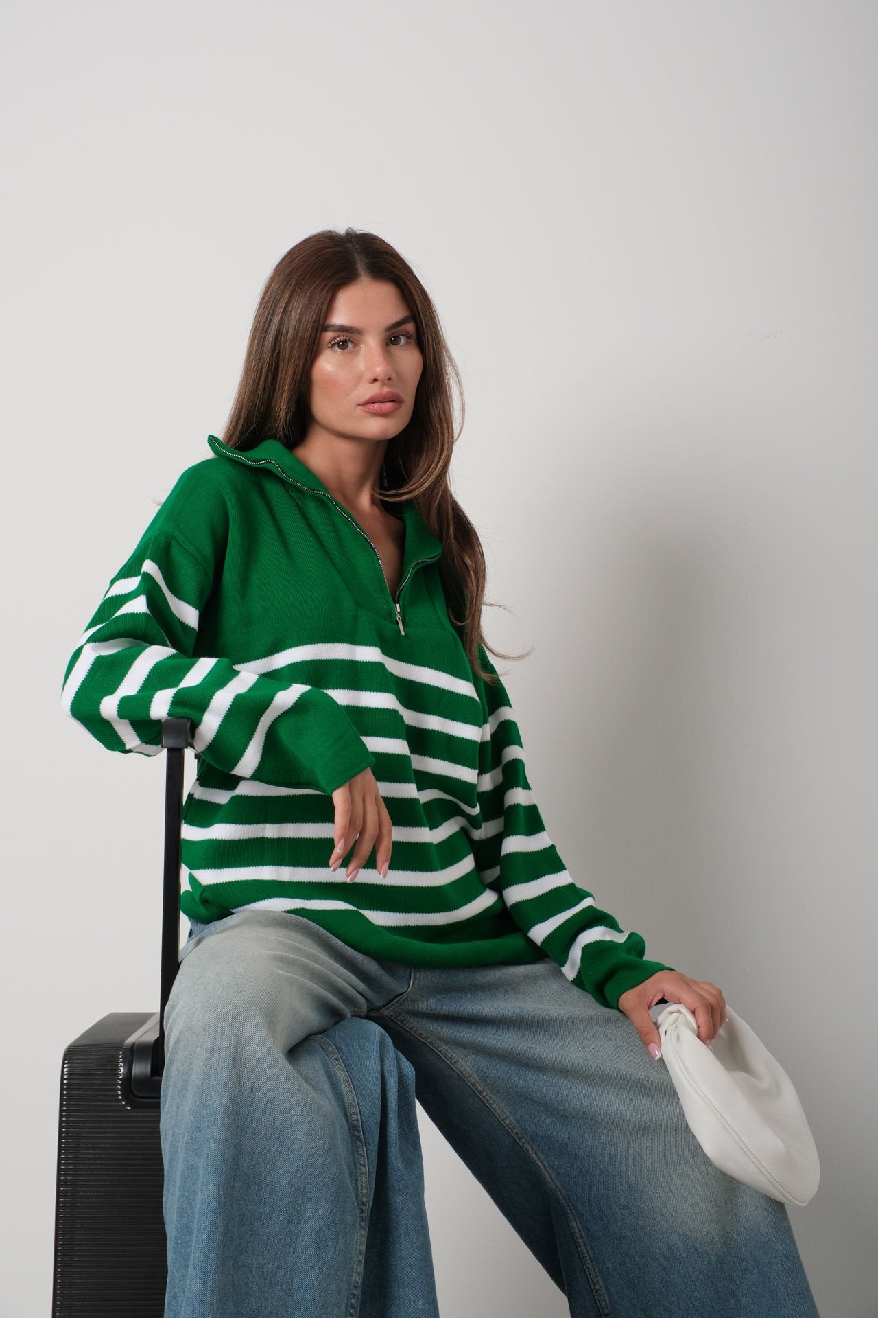 Emerald Stripe Zippered Knit Sweater