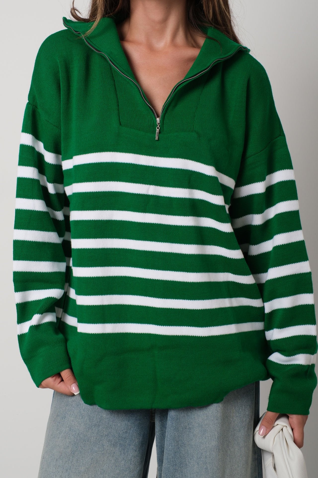 Emerald Stripe Zippered Knit Sweater