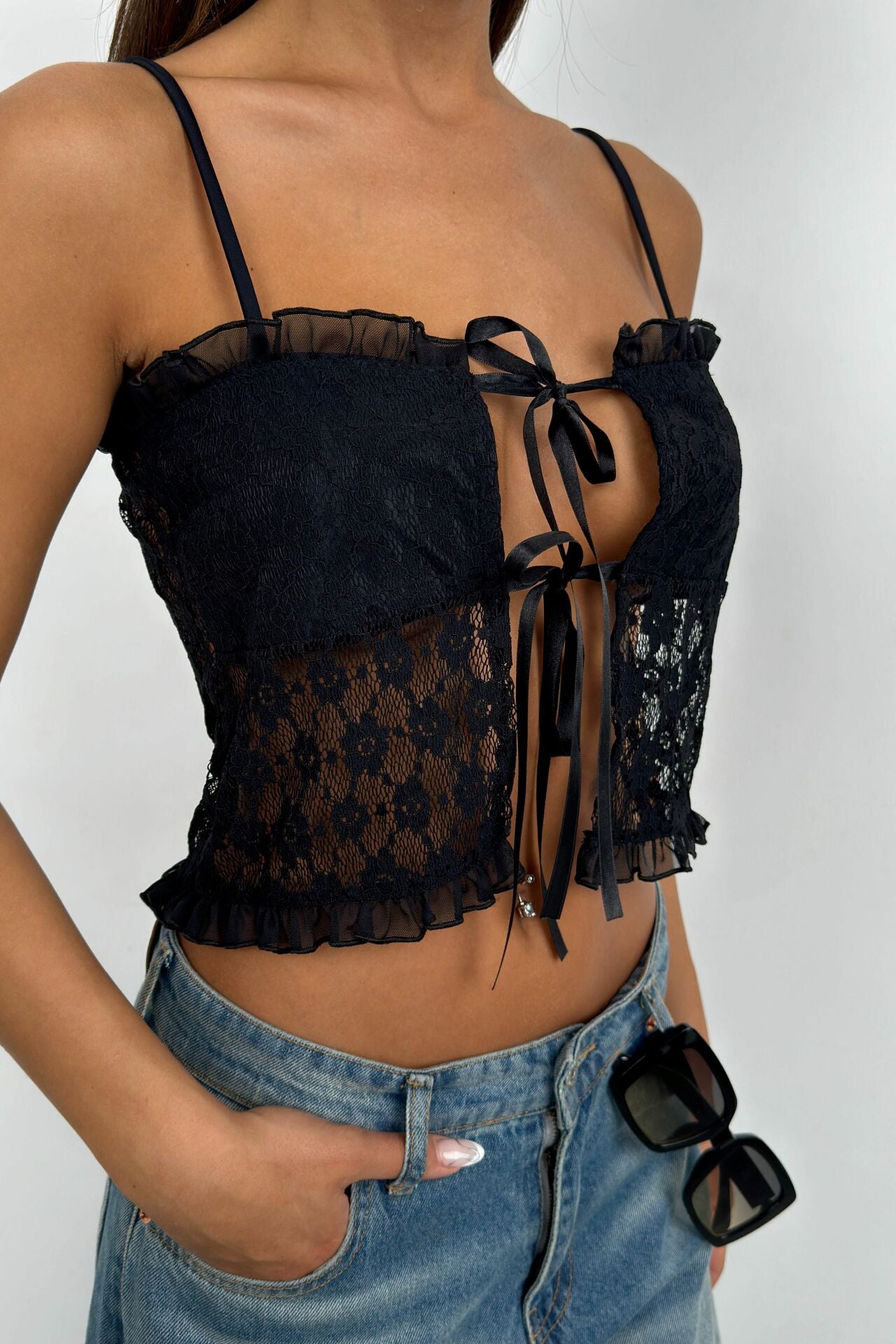 Lace Lacing Detail Black Crop