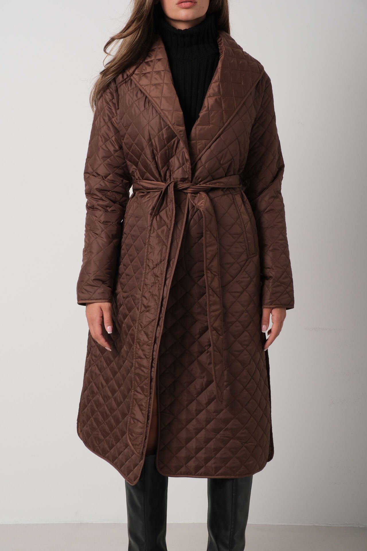 Quilted Pattern Maxi Length Brown Trench Coat