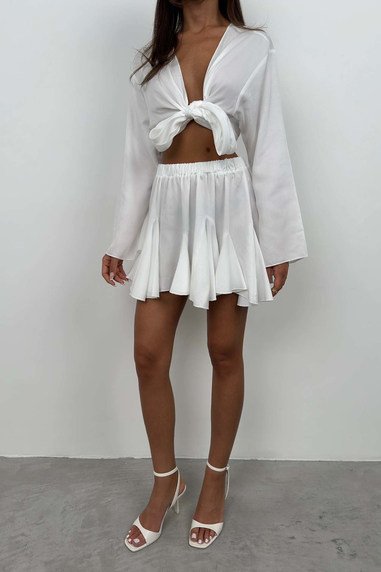 White Tie-Front Bell Sleeve Crop Top