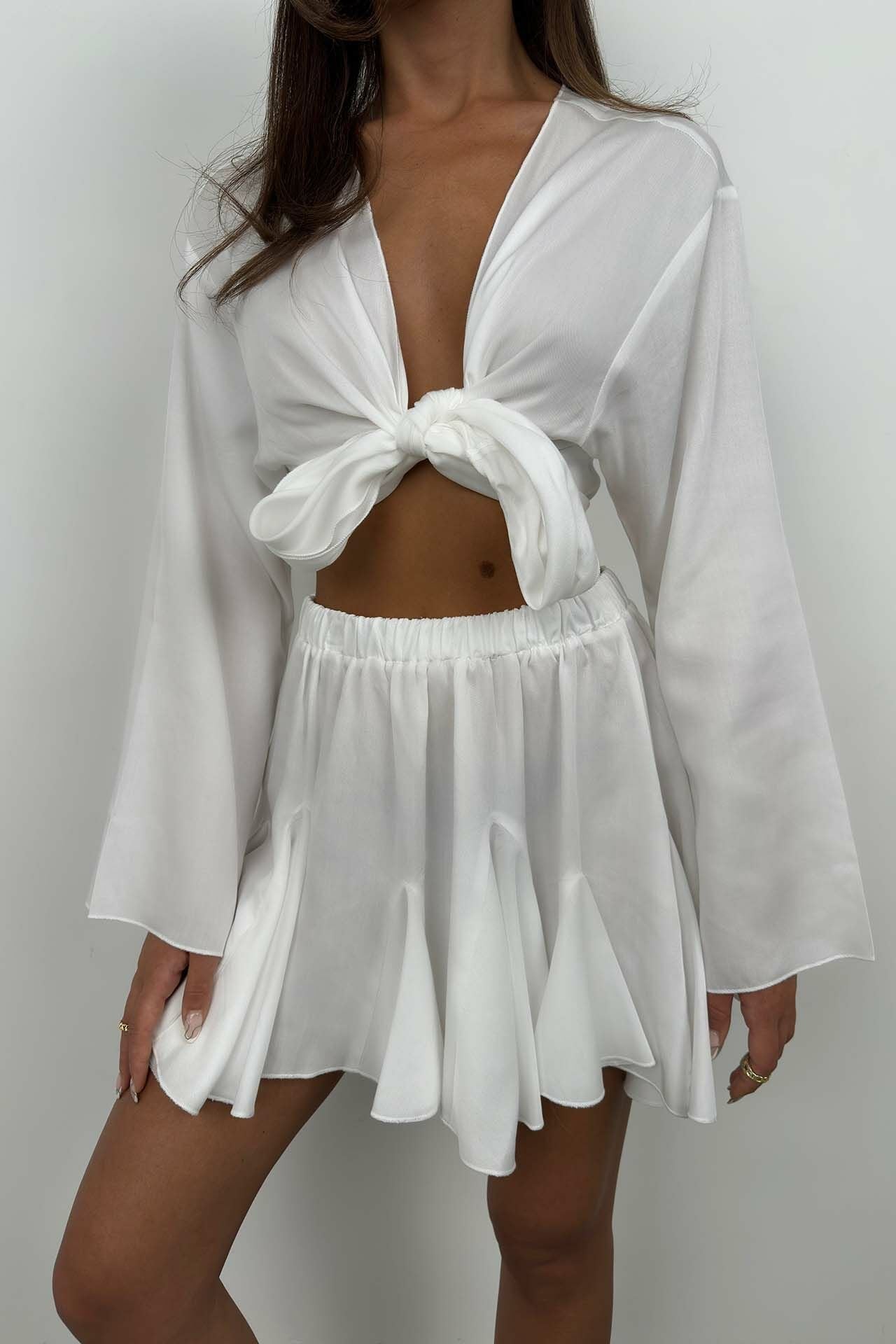 White Tie-Front Bell Sleeve Crop Top