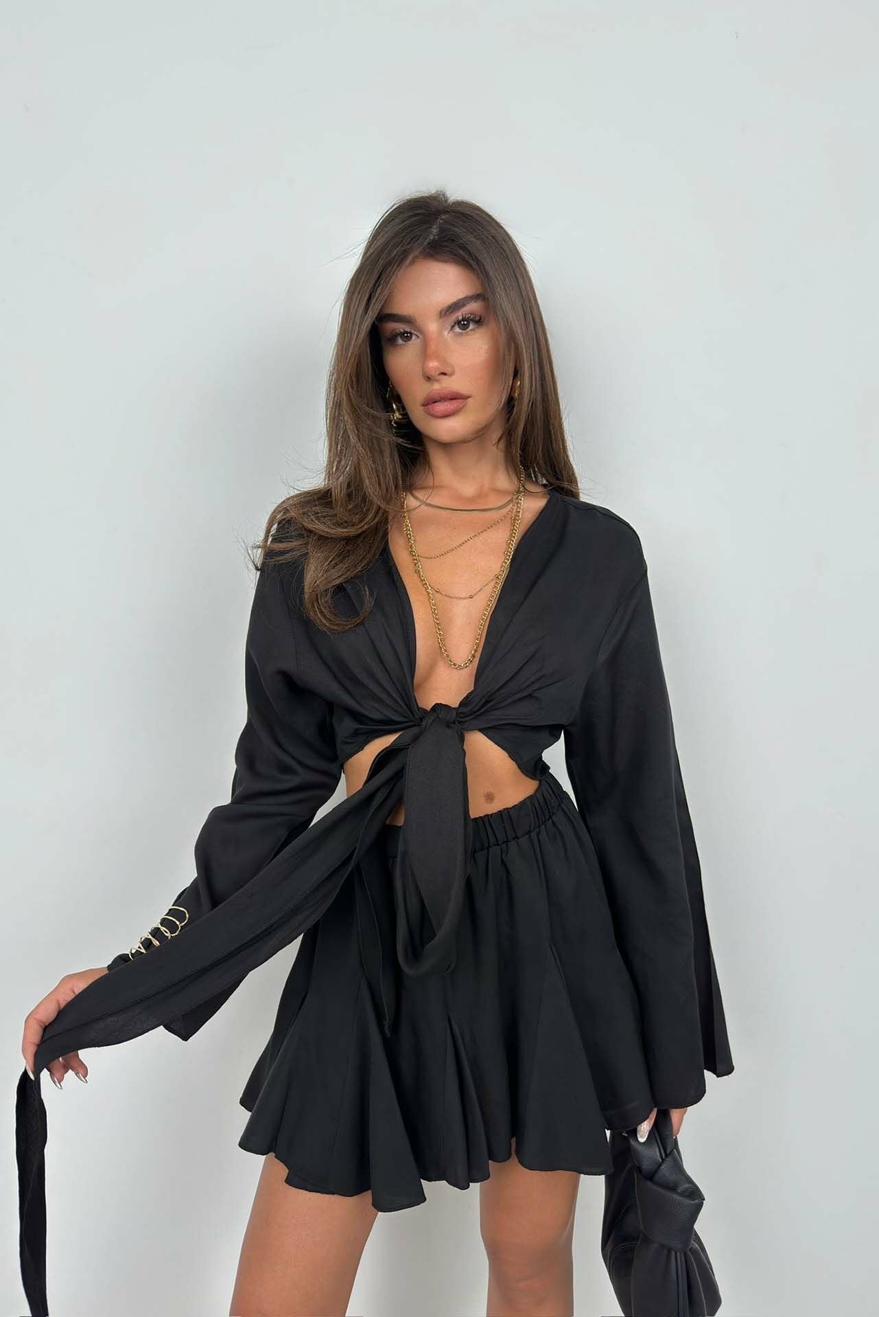 Noir Tie-Front Crop Top and Skirt Set