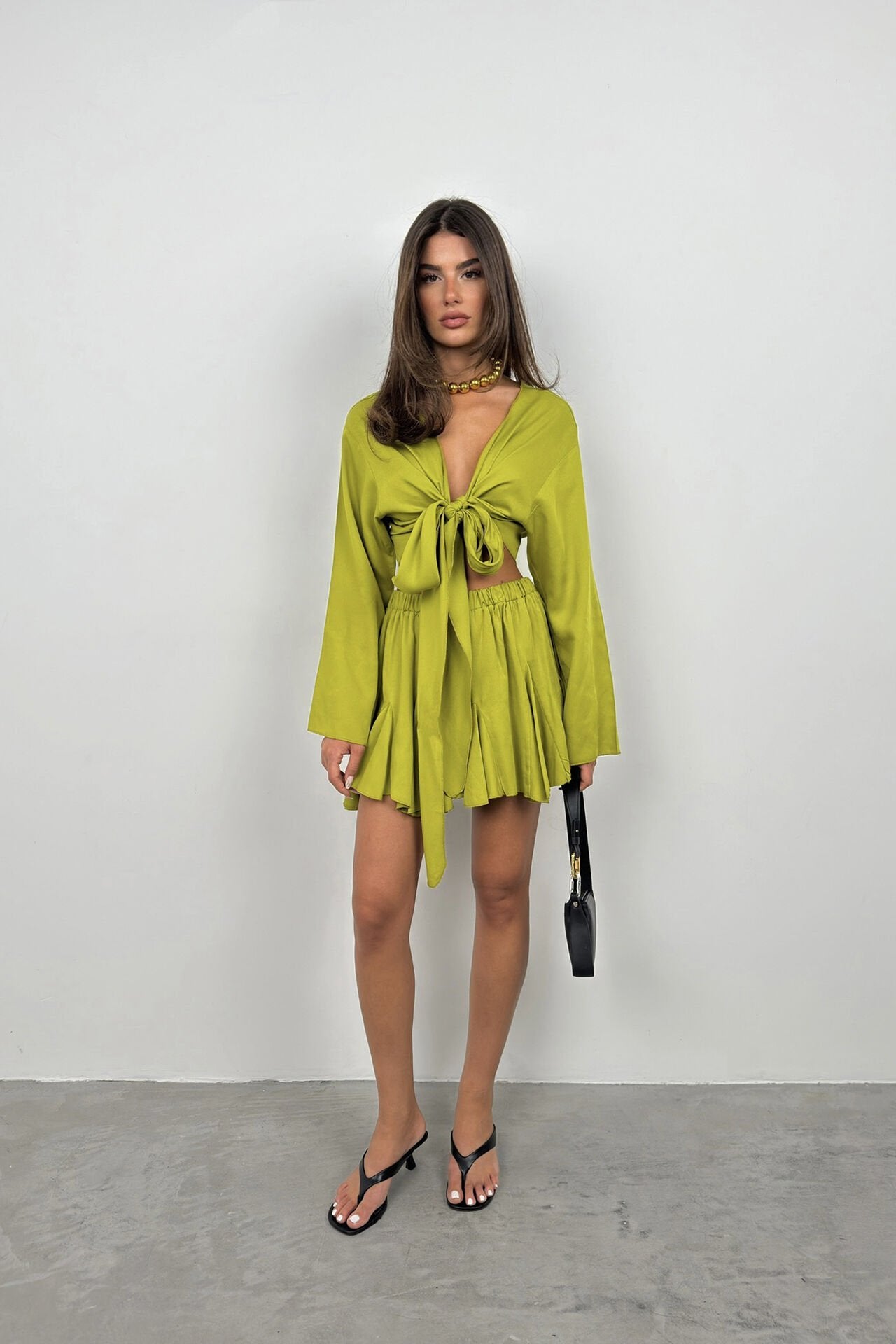 Lime Tie-Front Bell Sleeve Crop Top