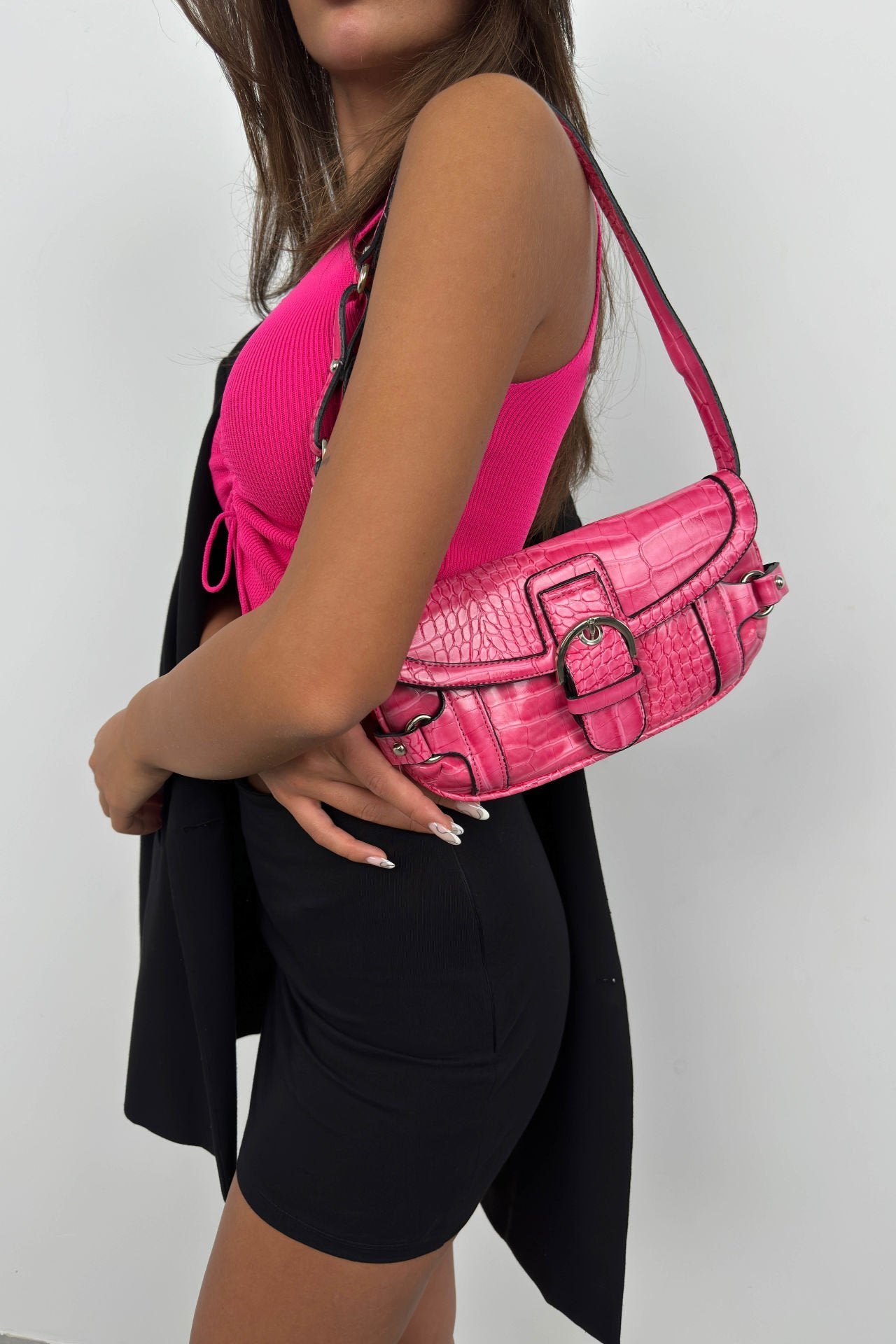 Pink Patent Leather Bag with Belt Detail