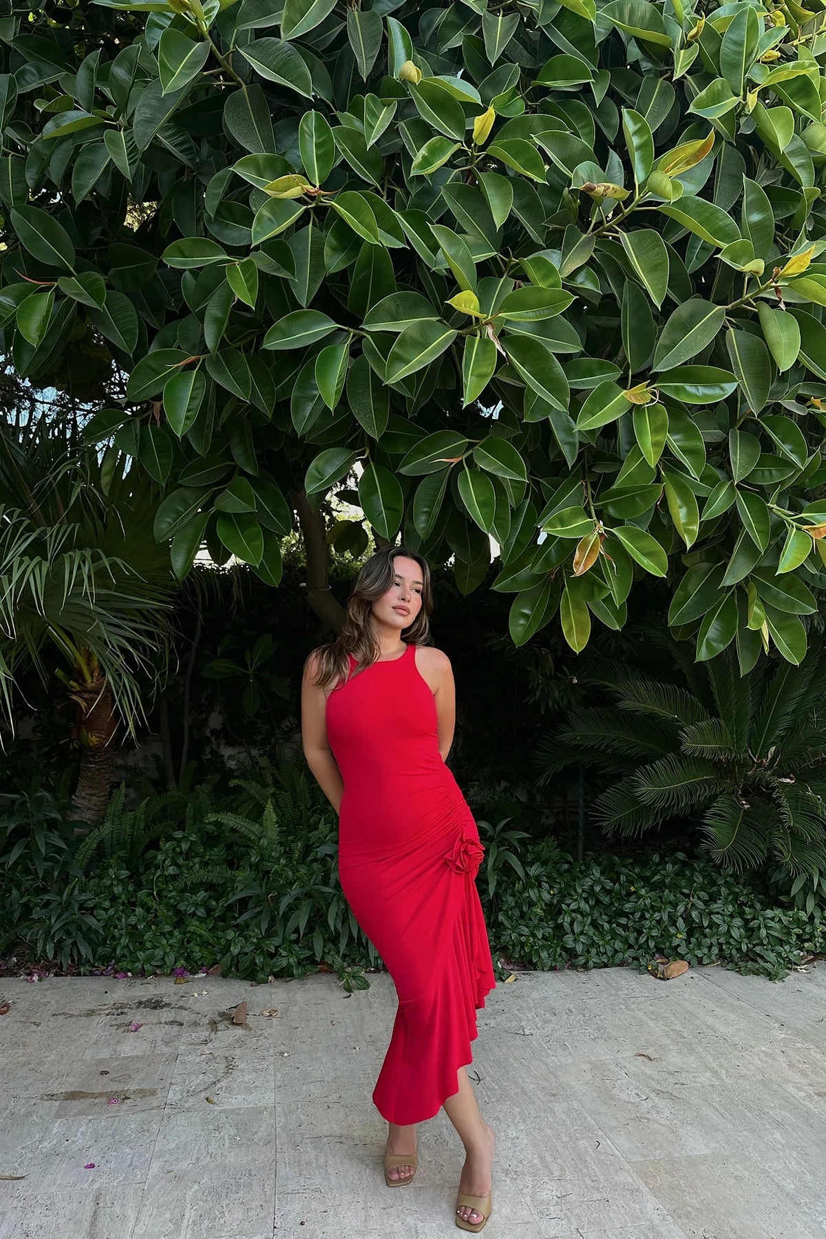 Red Rose Detail Ruffled Long Dress