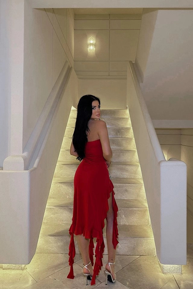 Red Strapless Deep Slit Dress