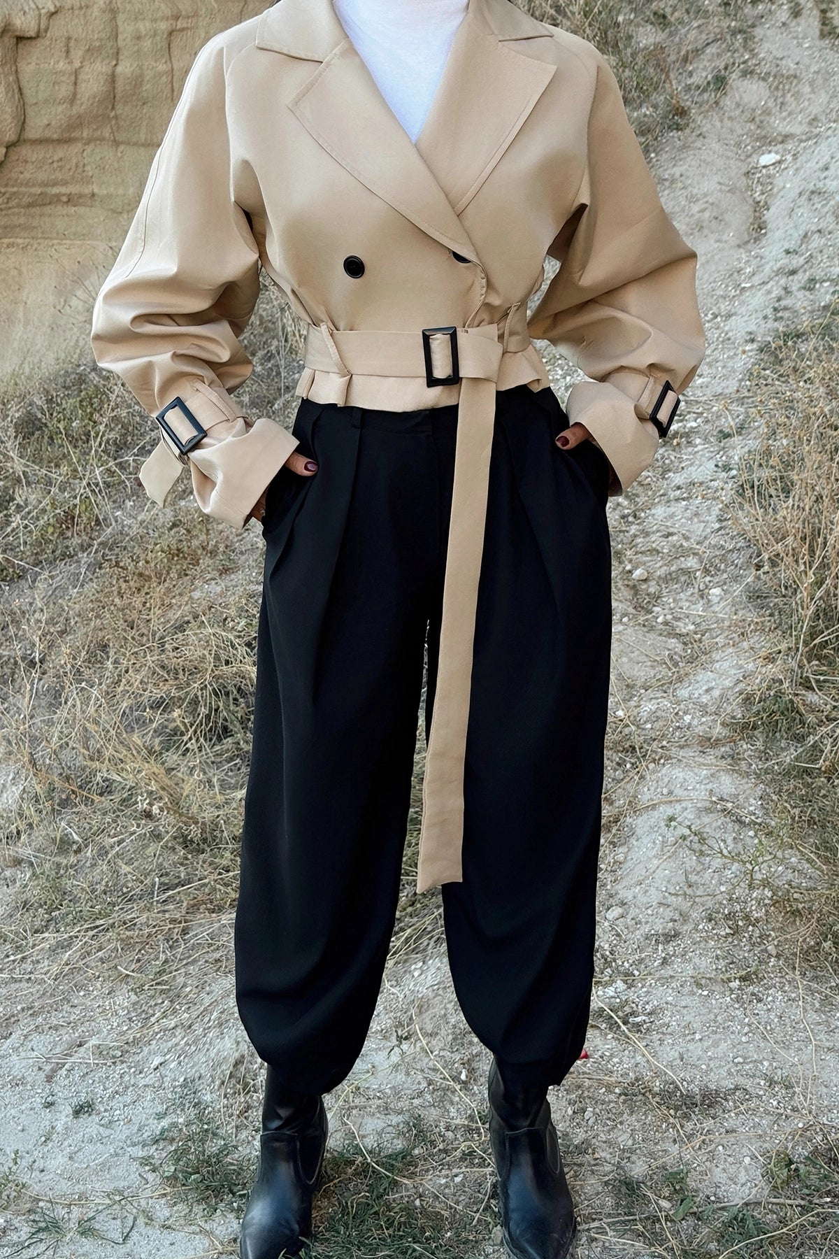 Desert Sand Double-Breasted Belted Jacket