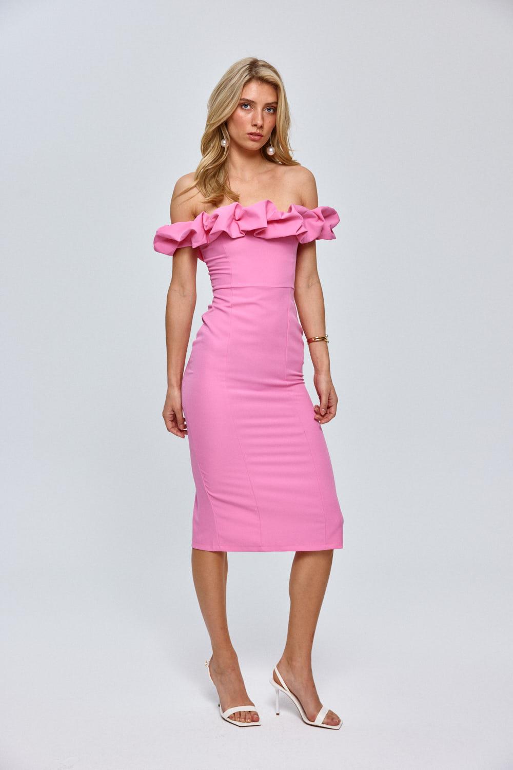 Madonna Neck Pencil Pink Midi Dress