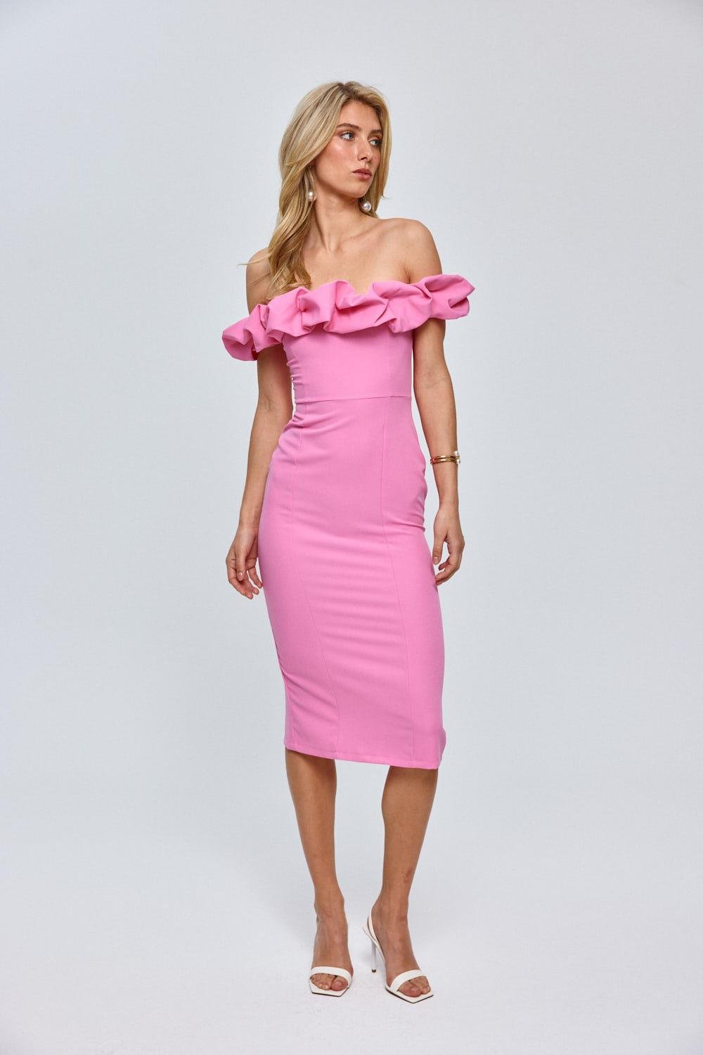 Madonna Neck Pencil Pink Midi Dress