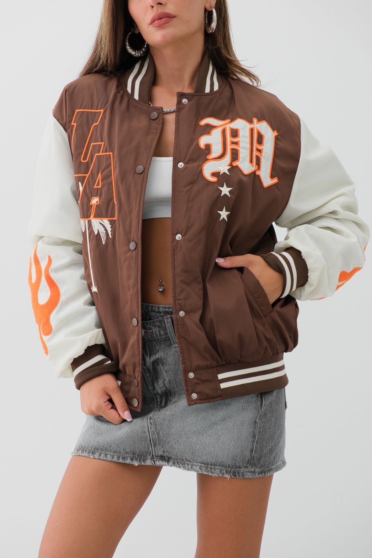 Oversize Embroidered Brown College Jacket