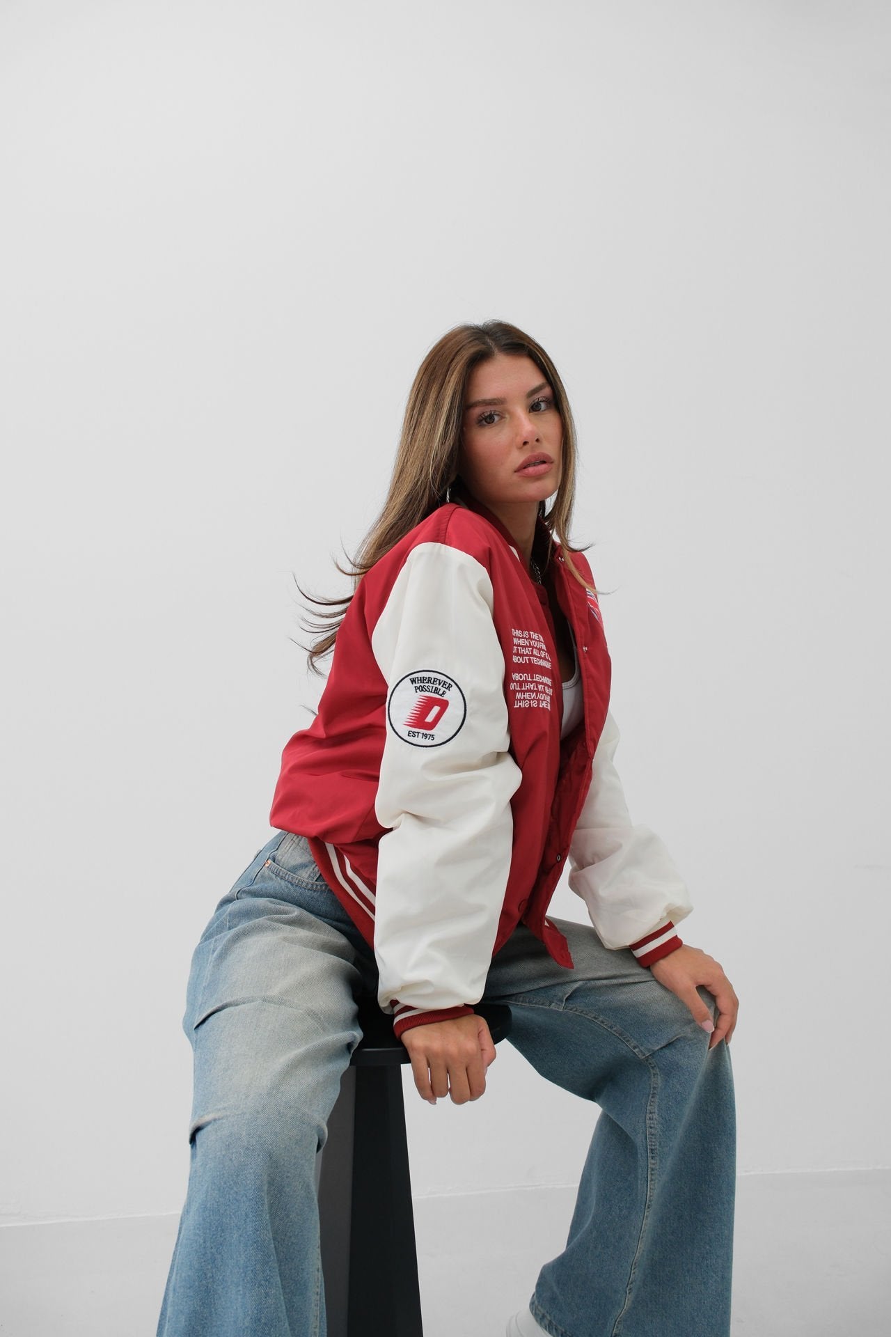 Oversize Embroidered Red College Jacket