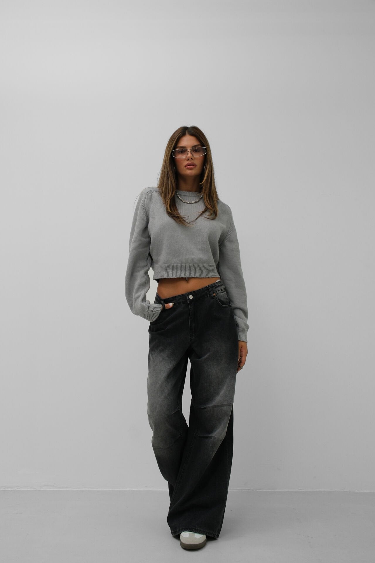 Raglan Sleeve Gray Crop Knitwear Sweater