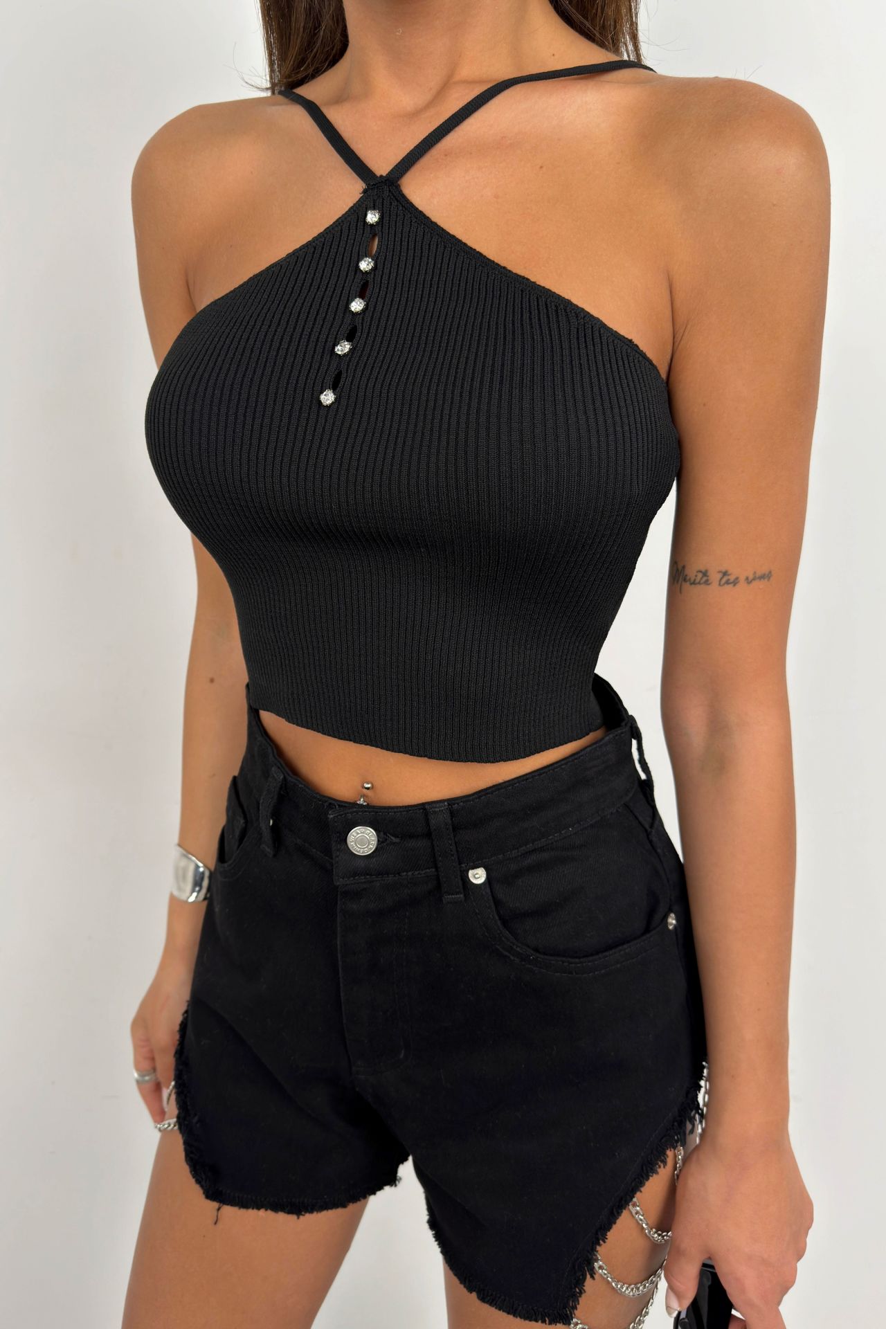 Stone Detail Black Crop Top