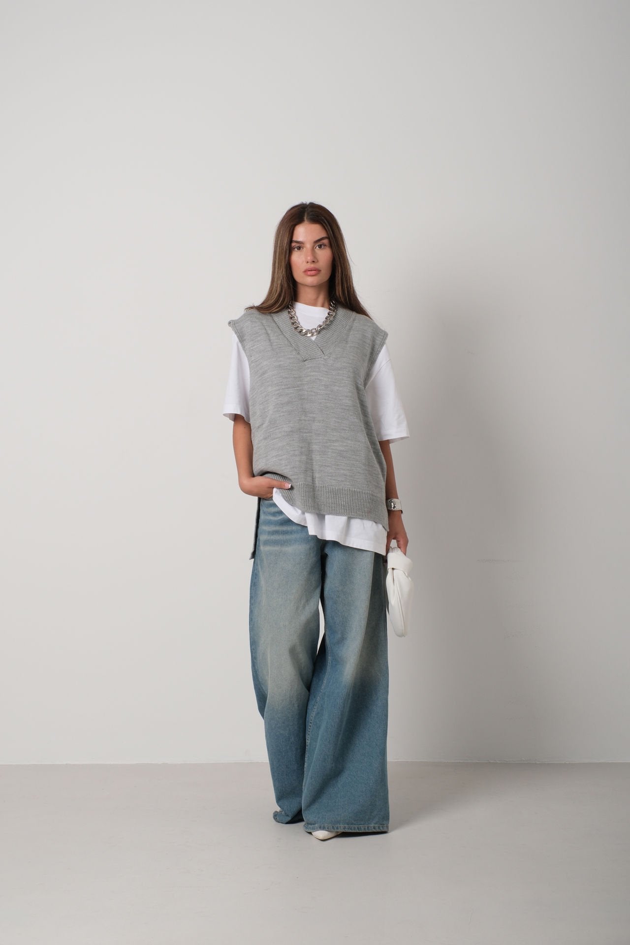 Gray V-Neck Oversized Sweater Vest