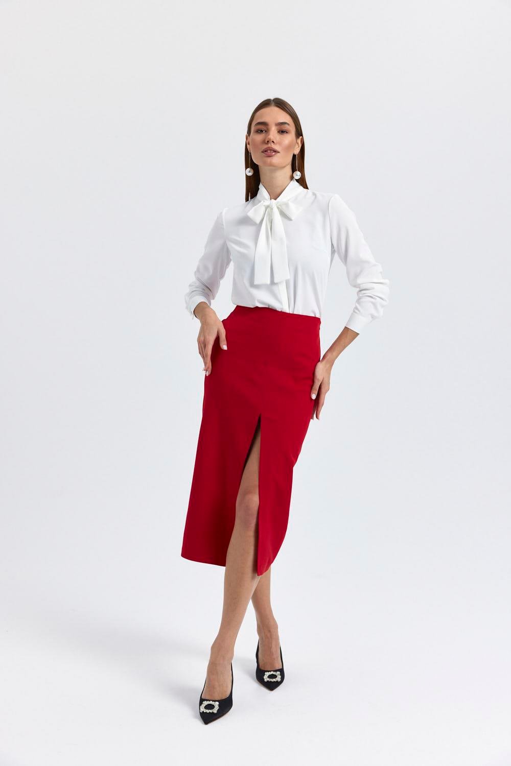 Straight Cut Red Midi Skirt with Slit